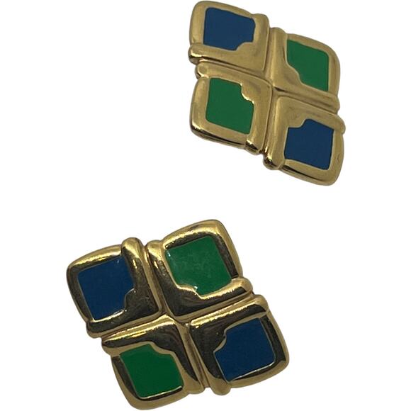Vintage Monet Gold Clip-On Earrings with Green & Blue Enamel Diamond Shape 1980s - Picture 4 of 9